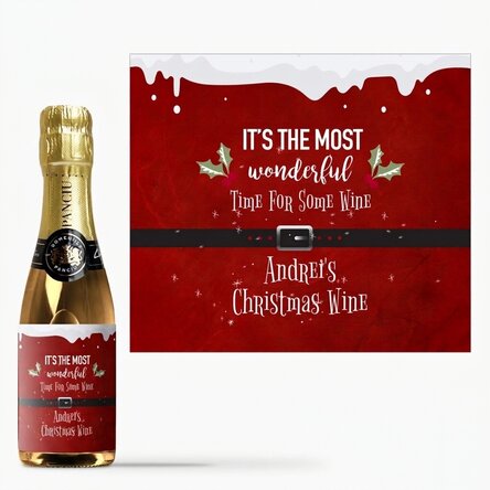 Mini botella de vino espumoso personalizada con texto: «Most wonderful time»