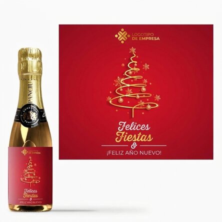 Mini botella de vino espumoso personalizada con texto y logotipo - Felices fiestas