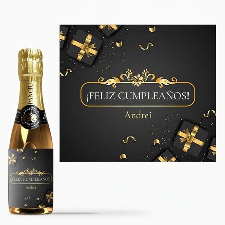Mini botella de vino espumoso personalizada con un mensaje: «Feliz cumpleaños»