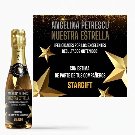 Mini botella de vino espumoso personalizada con un mensaje para la jubilación