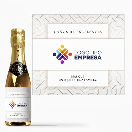 Mini botella de vino espumoso personalizada con texto, versión blanca - Aniversario de la marca