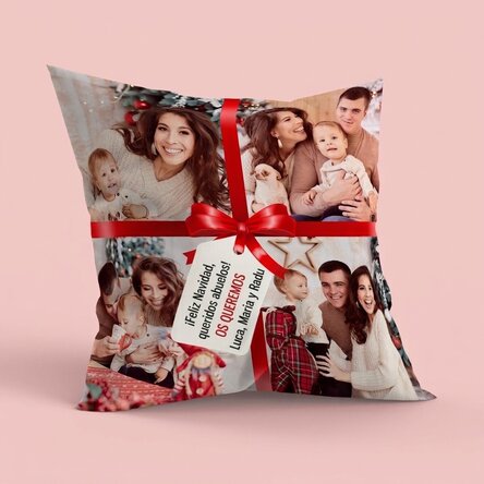 Cojín personalizado con 4 fotos y un mensaje: el regalo perfecto