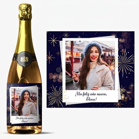 Vino espumoso personalizado con una foto y un mensaje: ¡Feliz Año Nuevo!