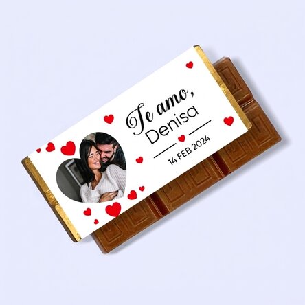 Mini tableta de chocolate personalizada con una foto y un mensaje: «Te quiero»