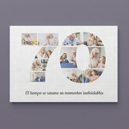 Cuadro de lienzo apaisado personalizado con 11 fotos, modelo n.º 70, y mensaje de texto