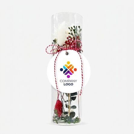 Glass martisor ornament with preserved flowers, customised with logo