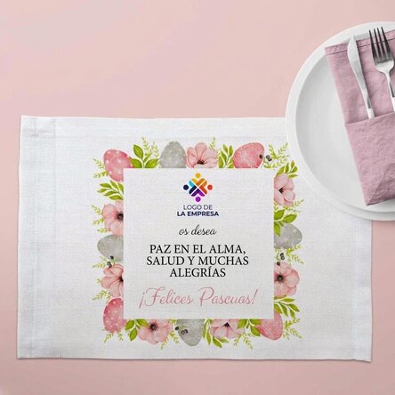 Portaplatos personalizado con logotipo y texto: «¡Feliz Pascua!»