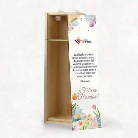 Caja de vino personalizada con logotipo y mensaje de Pascua