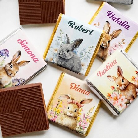 Lote de 5 minichocolates personalizados con texto: conejitos de Pascua