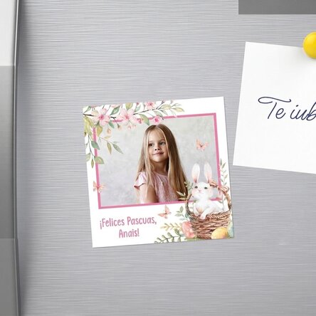 Imán de 10x10 personalizado con una foto y un mensaje: ¡Feliz Pascua!