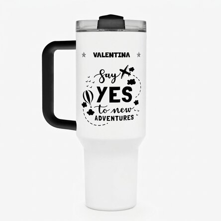 Taza termo con asa y pajita personalizada con nombre - New Adventures