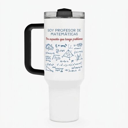 Taza termo con asa y pajita personalizada con un mensaje: «Profesor de matemáticas»