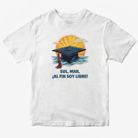 Camiseta de algodón personalizada con el texto: «Sun, sea, finally free»