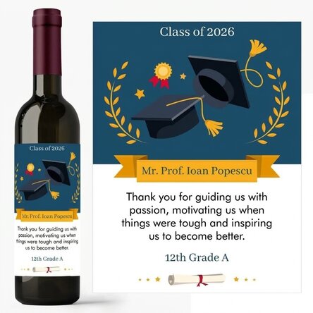 Vino personalizado con un mensaje para el profesor: ¡Gracias!