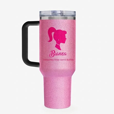 Taza termo con asa y pajita personalizada con texto - Barbie