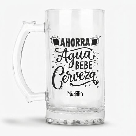 Jarra de cerveza personalizada con el mensaje «Save Water, Drink Beer»