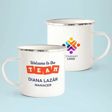Customised enamel metal mug with logo and message - Team