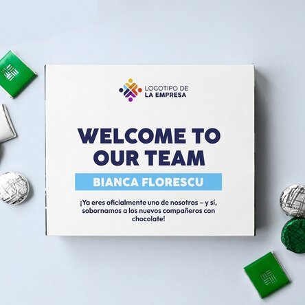Caja de bombones personalizada con mensaje y logotipo para los empleados
