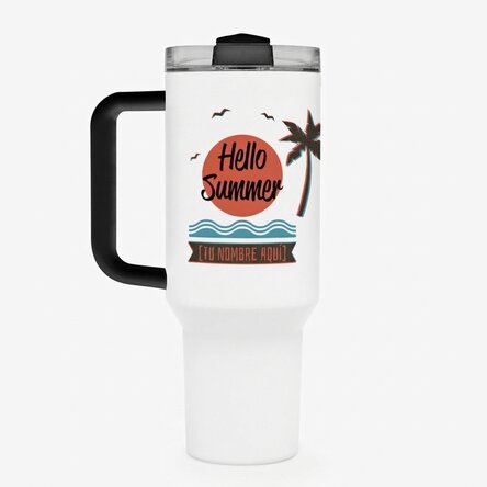 Taza termo con asa y pajita, personalizada con texto: «Summer vibes»