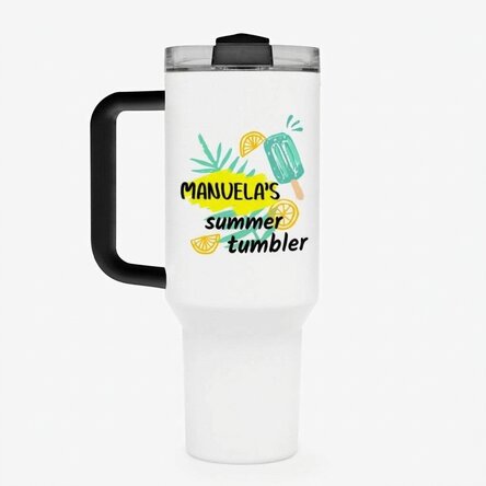 Thermos mug with handle and straw, personalised with text - Ice cream