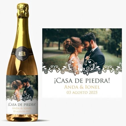 Vino espumoso personalizado con un texto y una foto - ¡Casa de piedra!