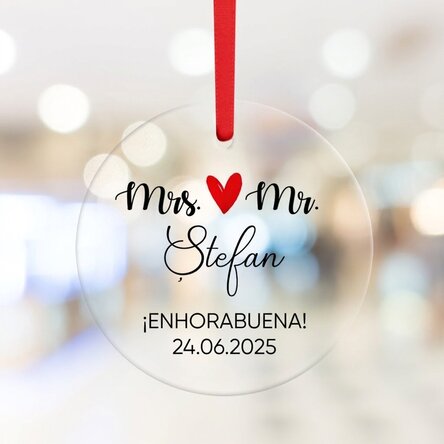 Adorno redondo personalizado con texto: «Mr & Mrs»