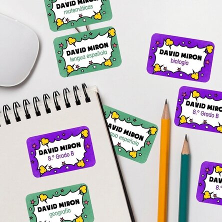 Lote de 8 pegatinas (etiquetas autoadhesivas) personalizadas para el colegio - Cómics