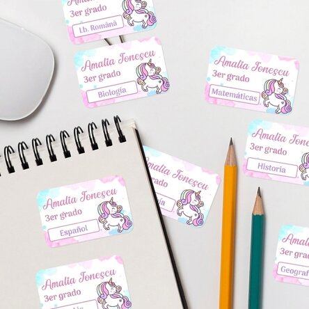 Lote de 8 pegatinas (etiquetas autoadhesivas) personalizadas para el colegio - Unicornio