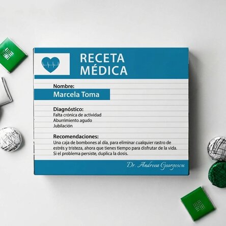 Caja de bombones personalizada con mensaje: «Receta médica»