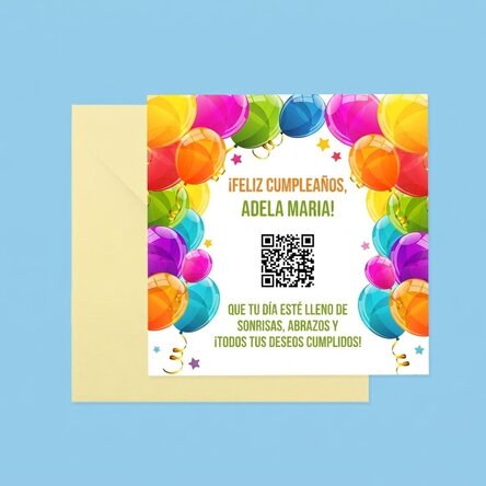 Tarjeta cuadrada personalizada con texto y código QR: ¡Feliz cumpleaños!