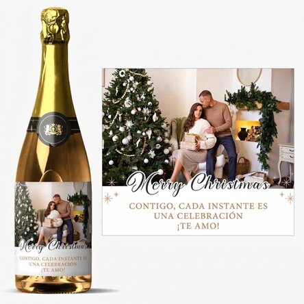 Vino espumoso personalizado con un texto y una foto - Feliz Navidad