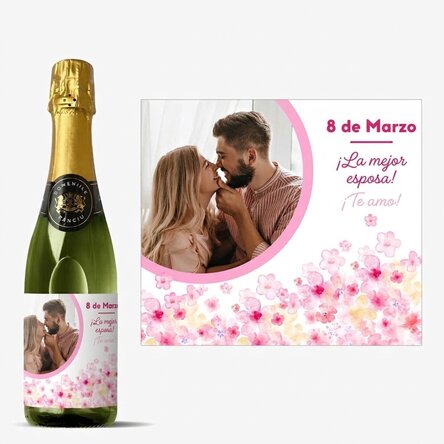 Botella mediana de vino espumoso personalizada con texto y foto - Flores