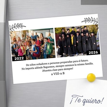 Imán de 18 x 13 cm personalizado con 2 fotos y texto: «Entonces y ahora»