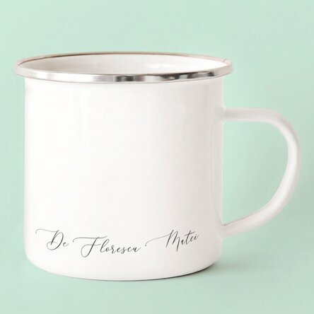 Taza metálica esmaltada personalizada, modelo con firma