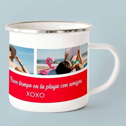 Taza metálica esmaltada personalizada con 3 fotos y texto