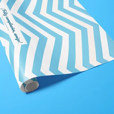Papel de regalo personalizado - modelo «blue stripes» con texto enmarcado