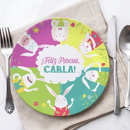 Plato personalizado con texto - Conejitos de Pascua