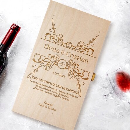 Caja de vino personalizada para dos botellas - Mensaje para los padrinos