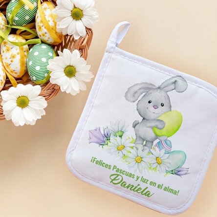Soporte para ollas calientes personalizado con texto: «Conejito de Pascua»