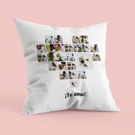 Cojín personalizado con 21 fotos en forma de corazón y texto