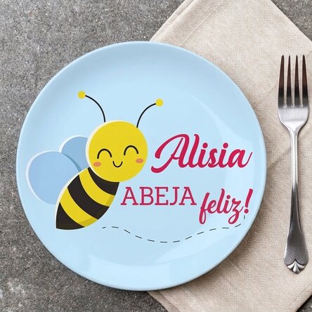 Plato personalizado con el texto «¡Bee happy!»