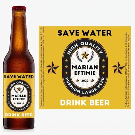 Cerveza personalizada con texto: «Save water, drink beer»