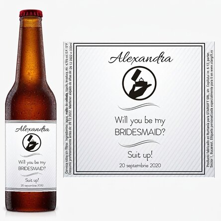 Cerveza personalizada con texto: «¿Quieres ser mi dama de honor?»