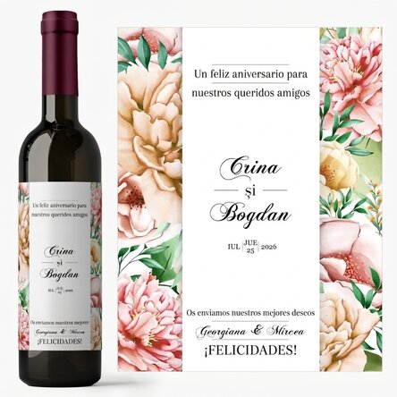 Vino personalizado con texto: «Feliz aniversario»