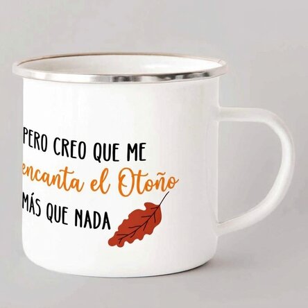 Taza metálica esmaltada con la inscripción «I love fall»
