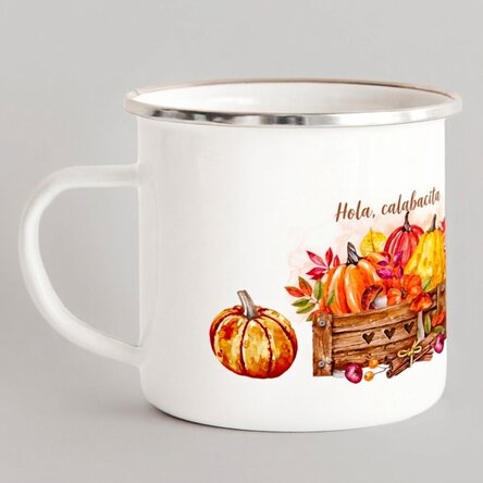 Taza metálica esmaltada con la inscripción «Hello, pumpkin»