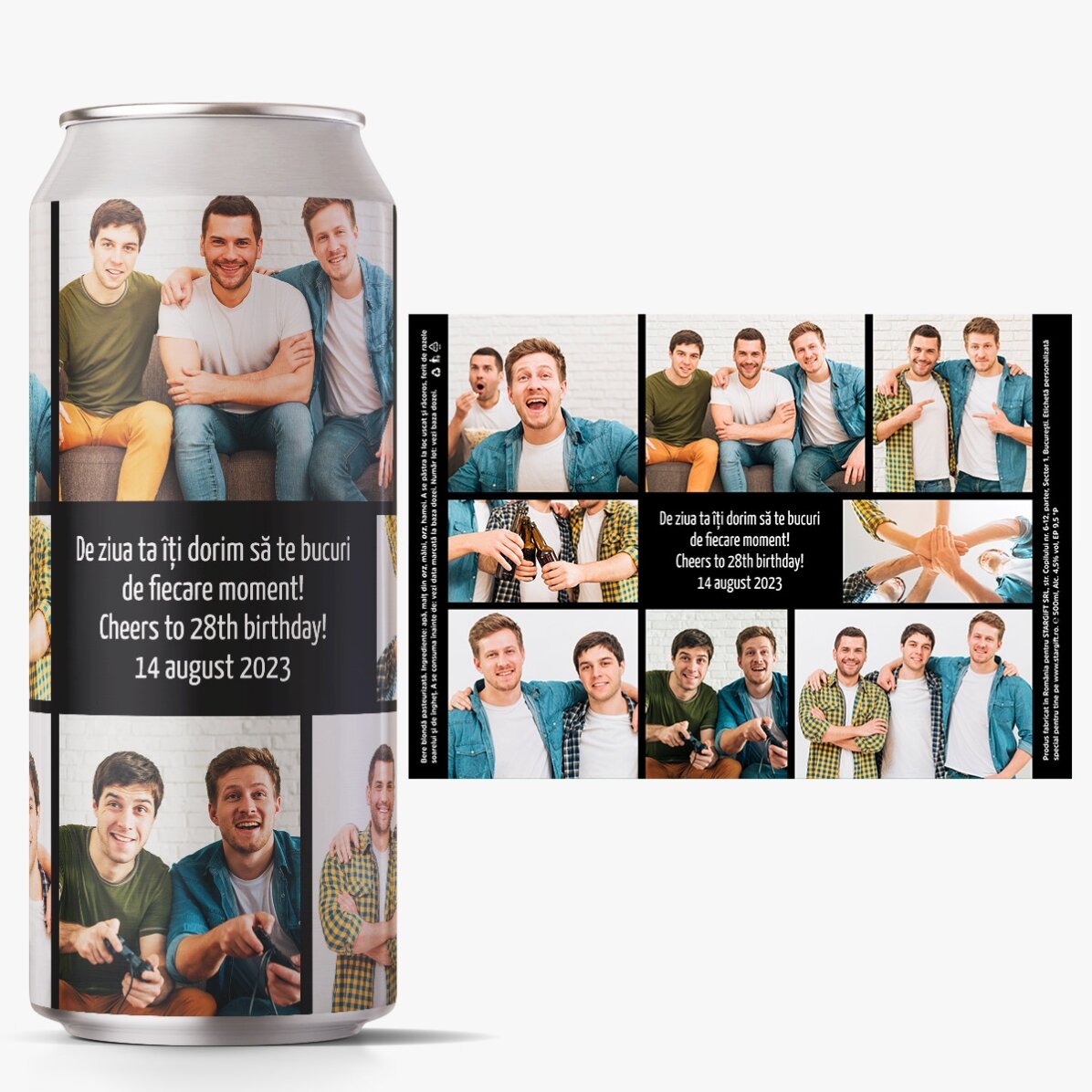 Cerveza en lata personalizada con un mensaje y un collage de fotos