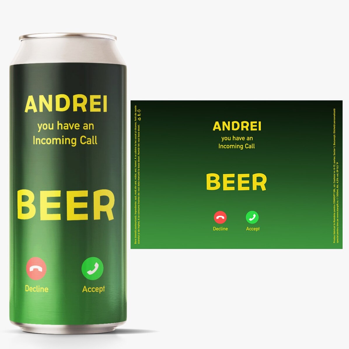 Cerveza en lata personalizada con texto: «Llamada entrante»