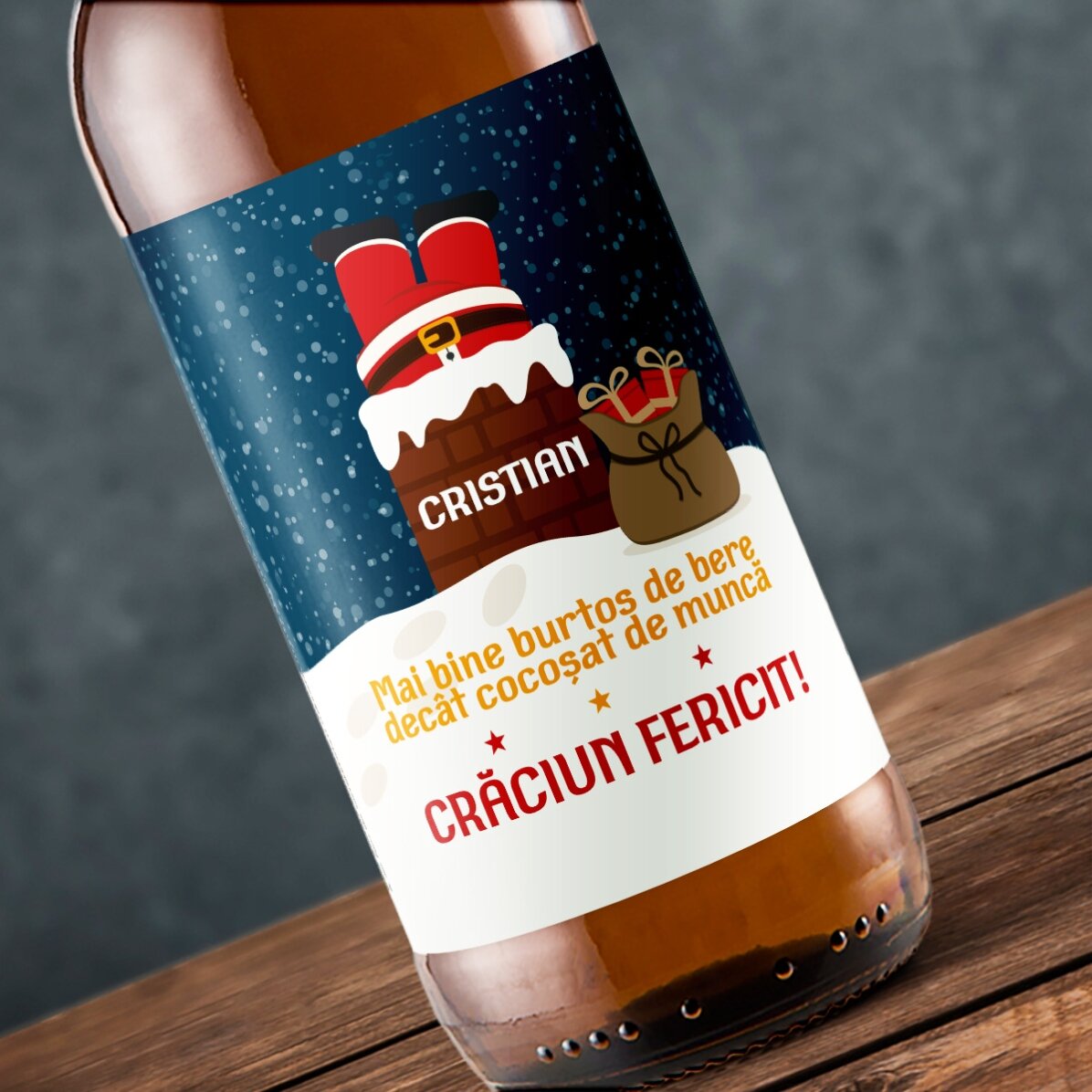 Cerveza personalizada con texto: Papá Noel en la chimenea
