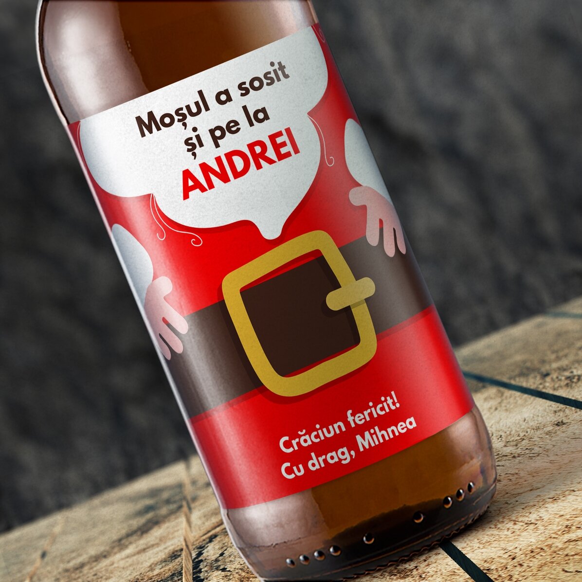 Cerveza personalizada con texto: «Ha llegado Papá Noel»